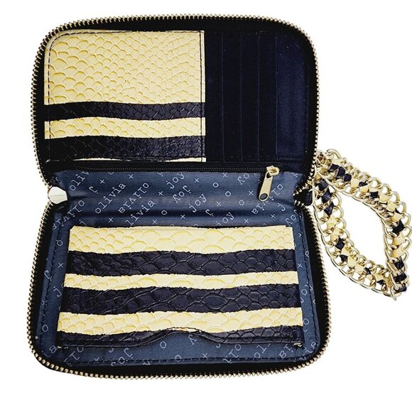 Olivia Joy New York Wallet Wristlet Yellow Black Faux Snakeskin Zip Metal Strap - Picture 5 of 10